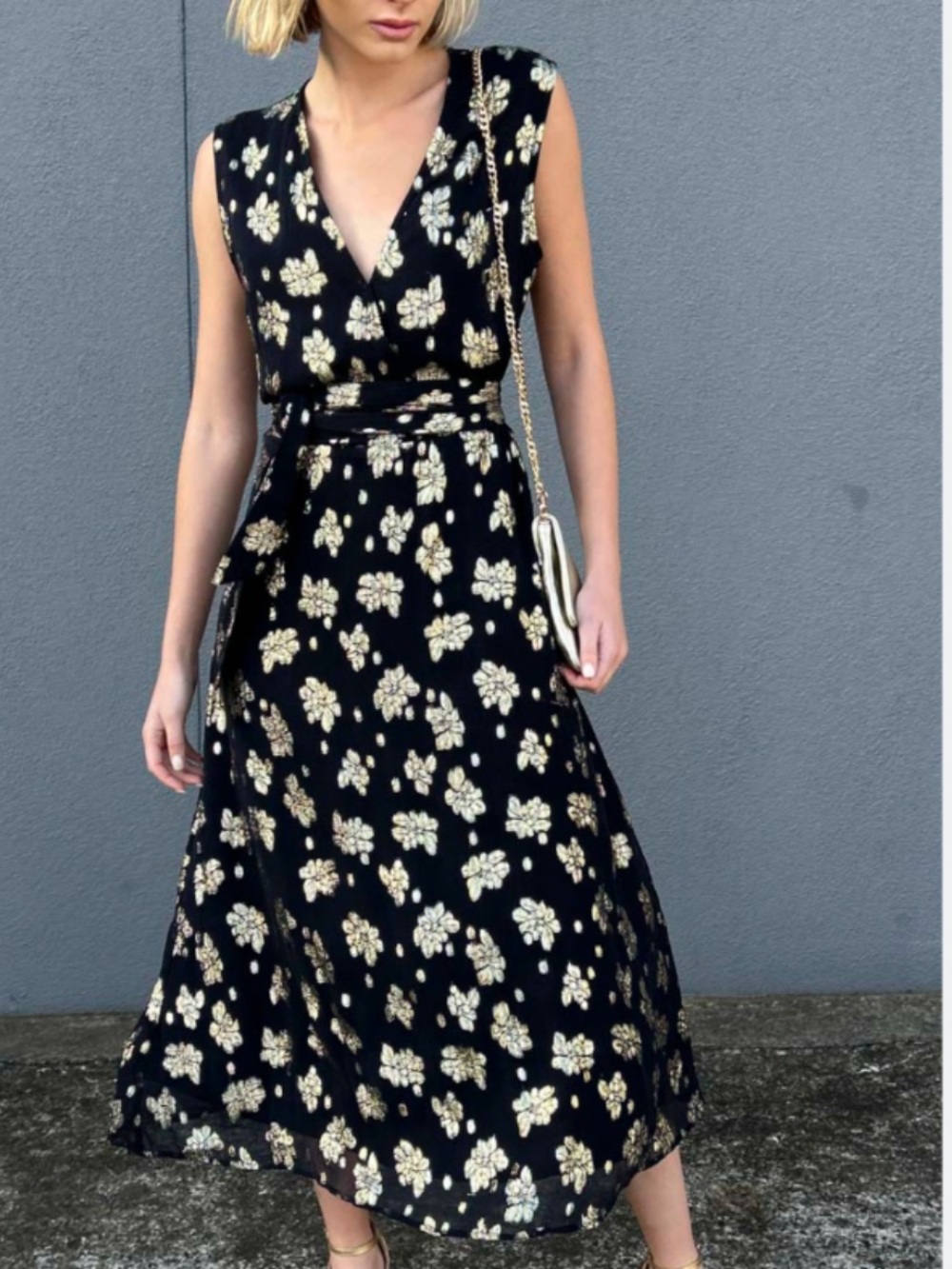 Hoss Gold Leaf Sleeveless Motif Midi Gold/Black Dress Size 8
